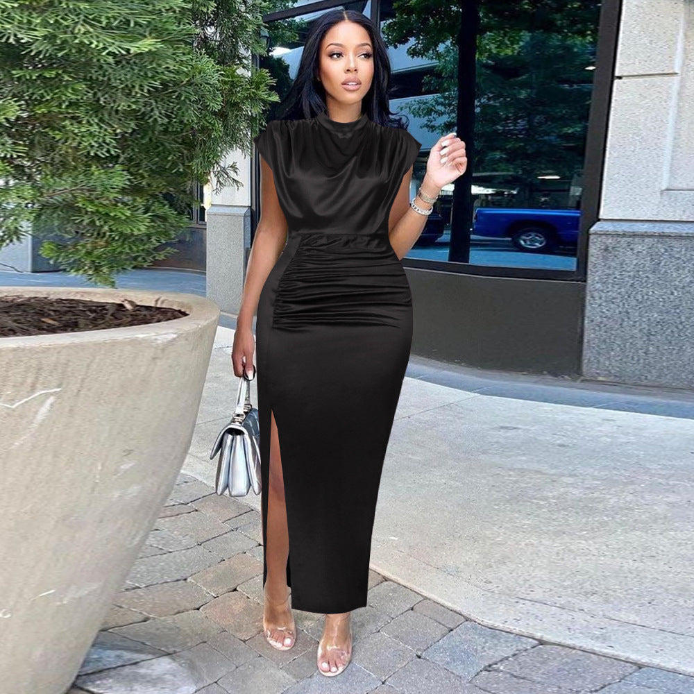 Women Dresses Summer 2025 Burgundy Green Satin Long Dress Elegant Ladies Evening Birthday Cocktail Party Pleated Gowns Outfits