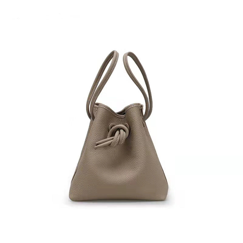 Niche Lychee Grain Top Layer Cowhide Bucket Bag With Drawstring