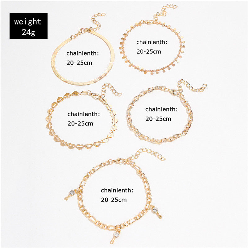 5 Pcs Women Fashion Gold Color Heart Crystal Key Anklet