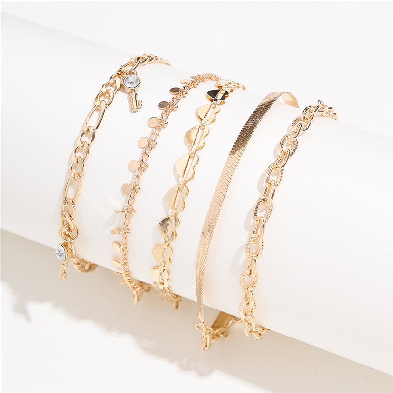 5 Pcs Women Fashion Gold Color Heart Crystal Key Anklet