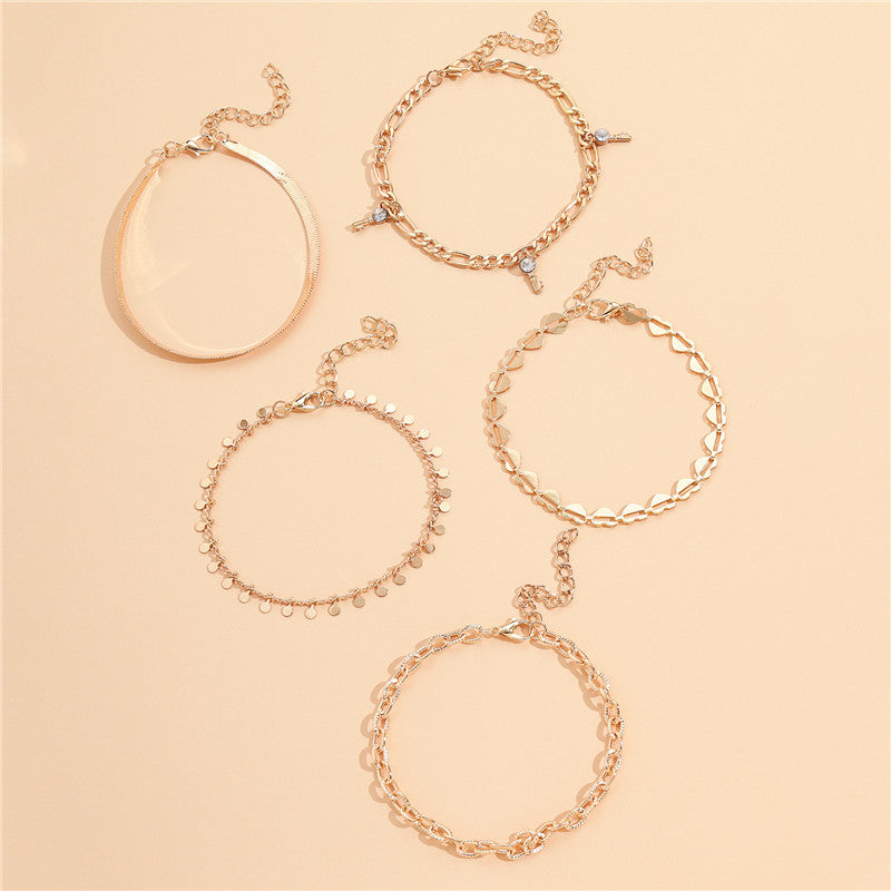 5 Pcs Women Fashion Gold Color Heart Crystal Key Anklet
