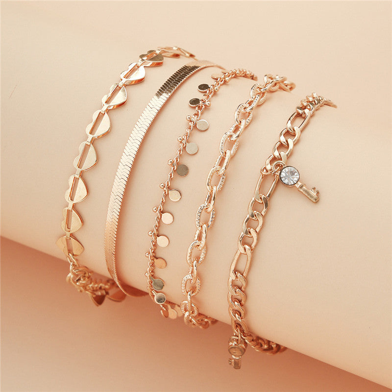 5 Pcs Women Fashion Gold Color Heart Crystal Key Anklet