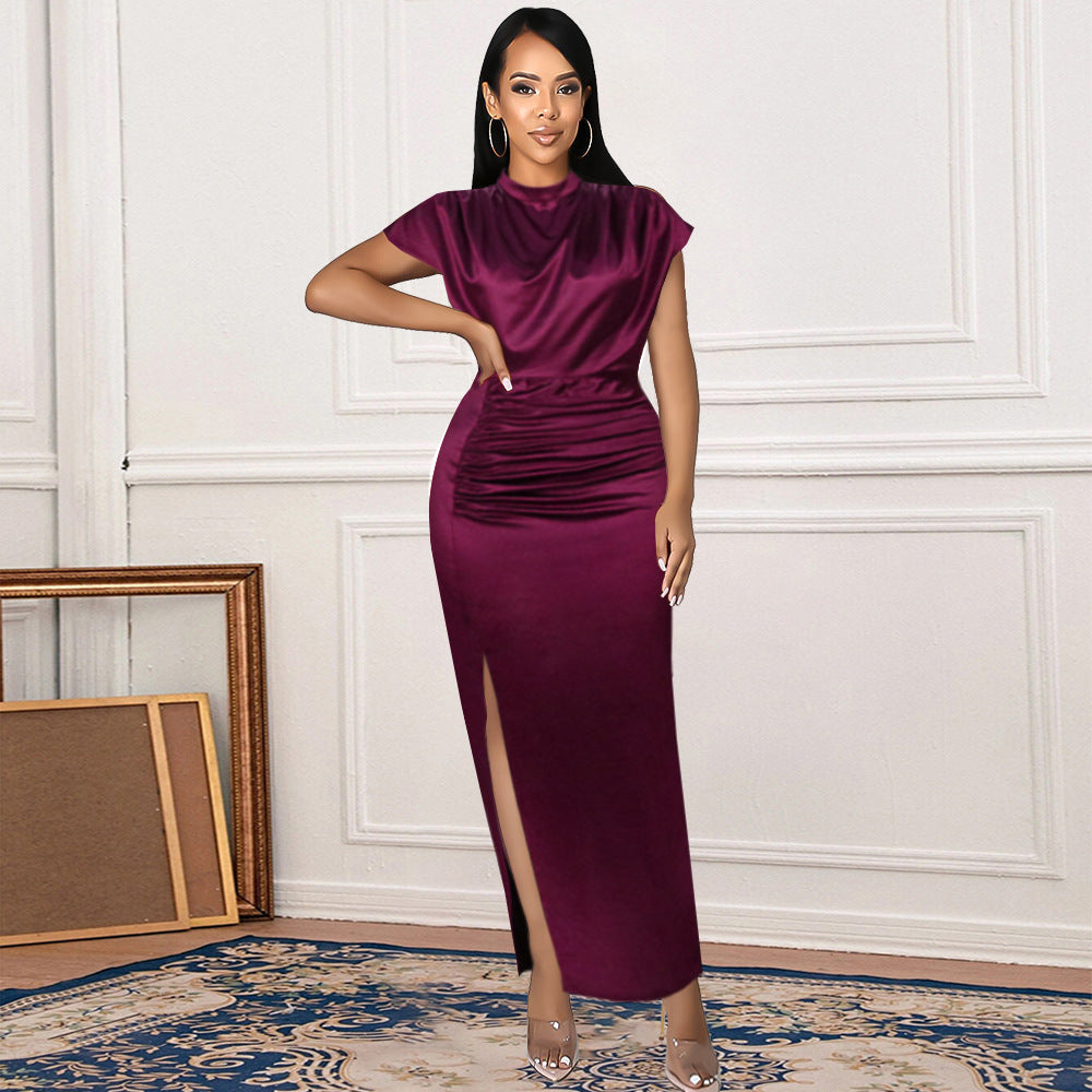 Women Dresses Summer 2025 Burgundy Green Satin Long Dress Elegant Ladies Evening Birthday Cocktail Party Pleated Gowns Outfits