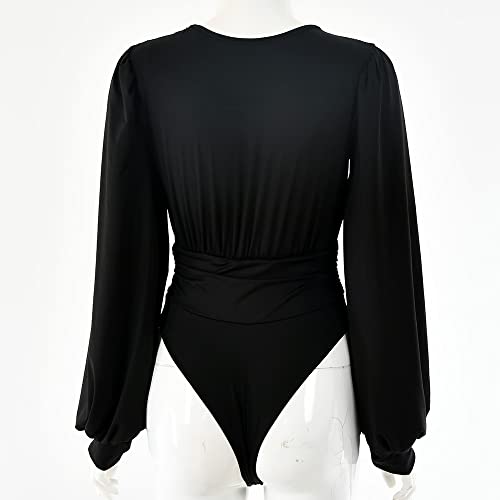 Weigou Women Jumpsuits Long Sleeve V Neck Pleated Loose Bodysuits Tops For Women Leotard Shirts