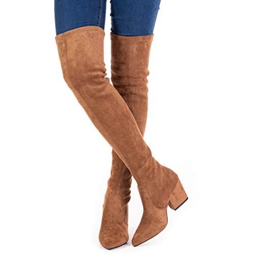 Mtzyoa Thigh High Block Heel Boot Women Pointed Toe Stretch Over The Knee Boots
