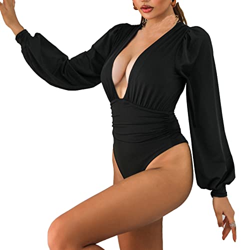 Weigou Women Jumpsuits Long Sleeve V Neck Pleated Loose Bodysuits Tops For Women Leotard Shirts