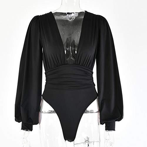 Weigou Women Jumpsuits Long Sleeve V Neck Pleated Loose Bodysuits Tops For Women Leotard Shirts