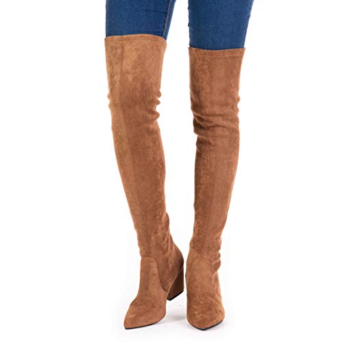 Mtzyoa Thigh High Block Heel Boot Women Pointed Toe Stretch Over The Knee Boots
