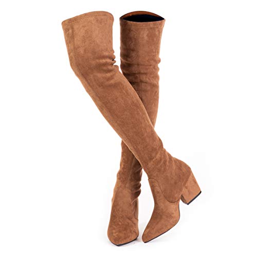 Mtzyoa Thigh High Block Heel Boot Women Pointed Toe Stretch Over The Knee Boots