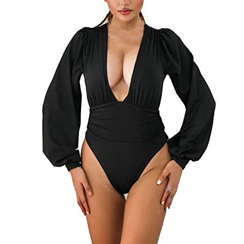 Weigou Women Jumpsuits Long Sleeve V Neck Pleated Loose Bodysuits Tops For Women Leotard Shirts