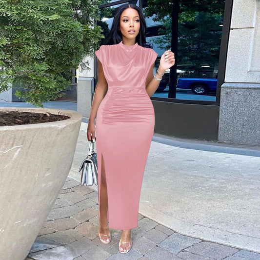 Women Dresses Summer 2025 Burgundy Green Satin Long Dress Elegant Ladies Evening Birthday Cocktail Party Pleated Gowns Outfits