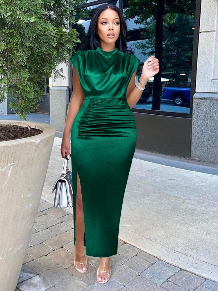 Women Dresses Summer 2025 Burgundy Green Satin Long Dress Elegant Ladies Evening Birthday Cocktail Party Pleated Gowns Outfits